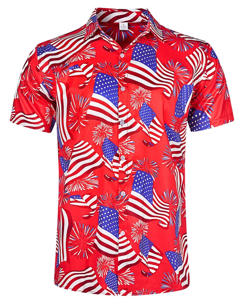 uideazone Independence Day Shirt for Men American Flag Firework Printed Button Up Shirt Casual Short Slevee Dress Shirt - Image 1